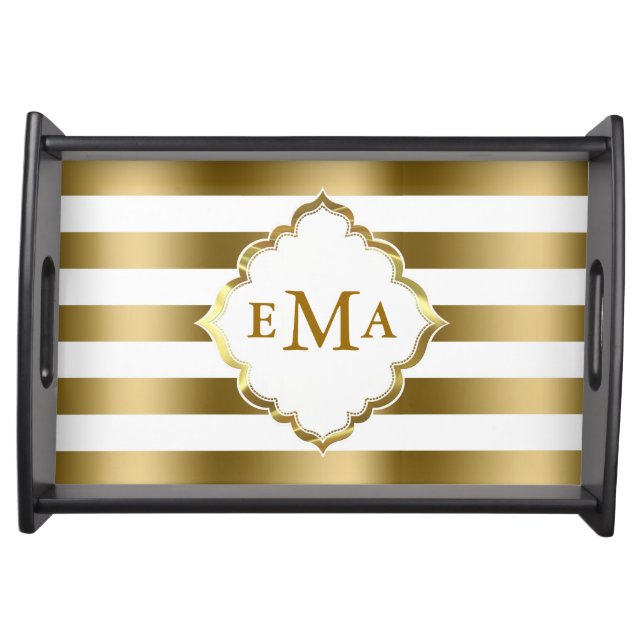 Monogramed Gold Stripes Geometric Pattern Serving Tray (Front)