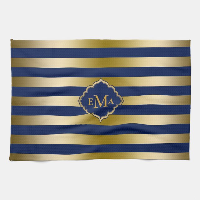 Monogramed Gold Stripes Geometric Pattern Towel (Horizontal)