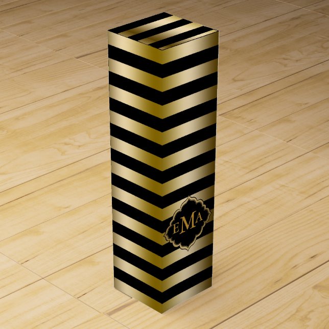 Monogramed Gold Stripes Geometric Pattern Wine Gift Box (Front)