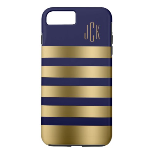Monogramed Gold Stripes Over Navy Blue Background iPhone 8 Plus7 Plus Case