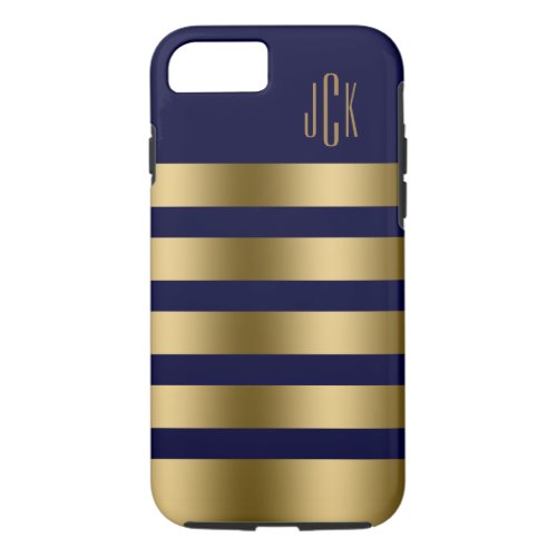 Monogramed Gold Stripes Over Navy Blue Background iPhone 87 Case