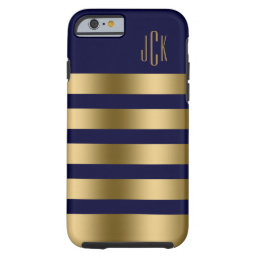 Monogramed Gold Stripes Over Navy Blue Background Tough iPhone 6 Case