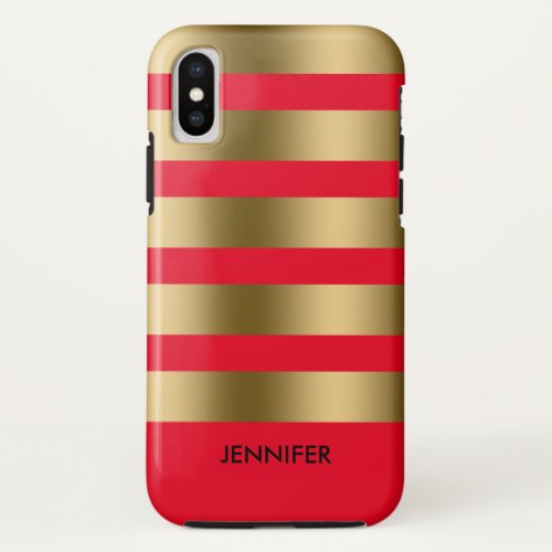 Monogramed Gold Stripes Over Red Background iPhone X Case
