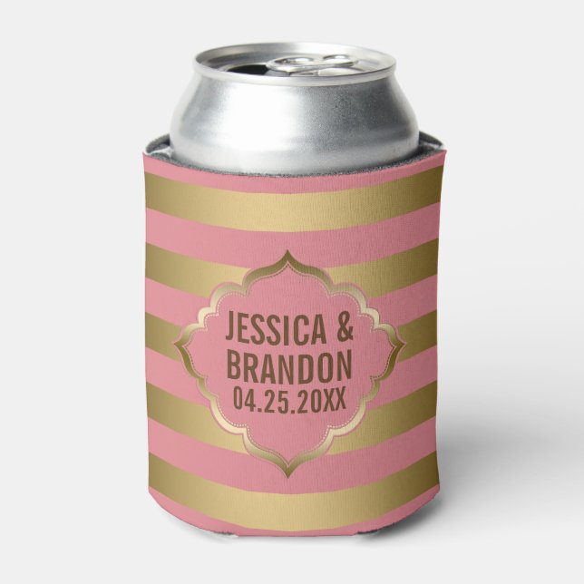 Monogramed Gold Stripes & Pink Geometric Pattern Can Cooler (Can Front)