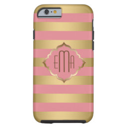 Monogramed Gold Stripes &amp; Pink Geometric Pattern Tough iPhone 6 Case