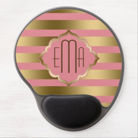 Monogramed Gold Stripes & Pink Geometric Pattern Gel Mouse Pad
