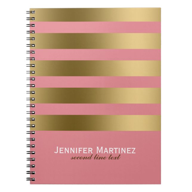 Monogramed Gold Stripes & Pink Geometric Pattern Notebook (Front)