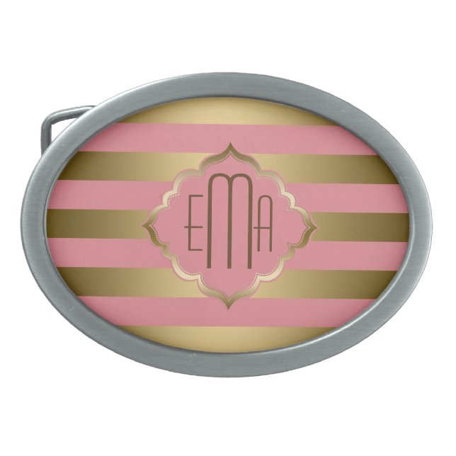 Monogramed Gold Stripes & Pink Geometric Pattern Oval Belt Buckle (Front)