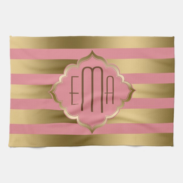 Monogramed Gold Stripes & Pink Geometric Pattern Towel (Horizontal)