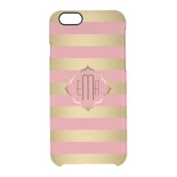 Monogramed Gold Stripes &amp; Pink Geometric Pattern Clear iPhone 6/6S Case