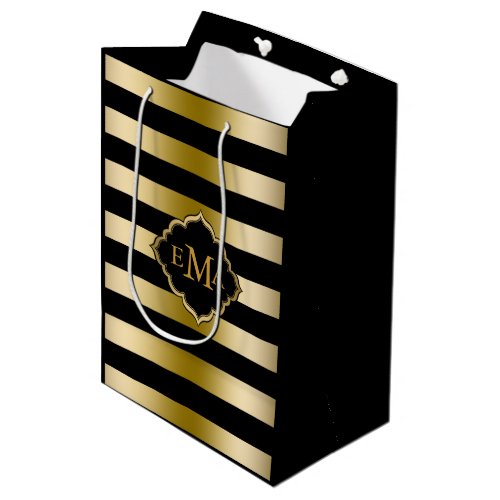 Monogramed Gold Tones  Black Stripes Pattern Medium Gift Bag