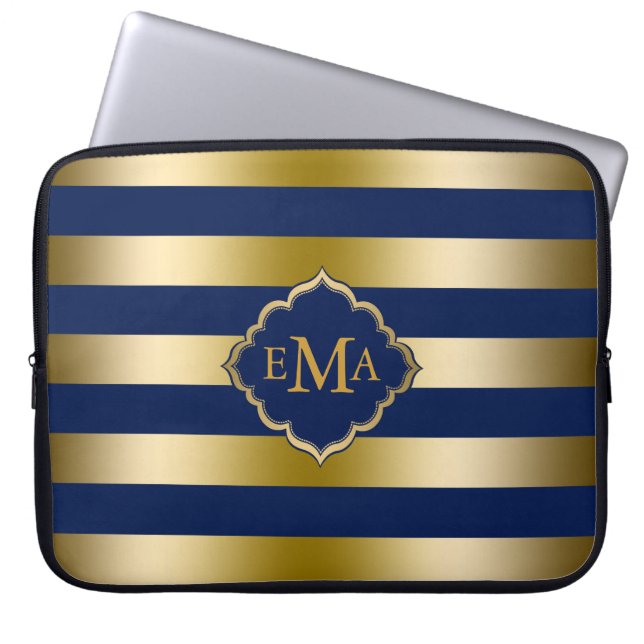 Monogramed Gold Tones & Dak Blue Stripes Pattern Laptop Sleeve (Front)