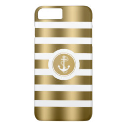 Monogramed Gold &amp; White Stripes Nautical Anchor iPhone 8 Plus/7 Plus Case