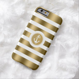 Monogramed Gold &amp; White Stripes Nautical Anchor Barely There iPhone 6 Case