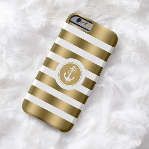 Monogramed Gold  White Stripes Nautical Anchor Barely There iPhone 6 Case