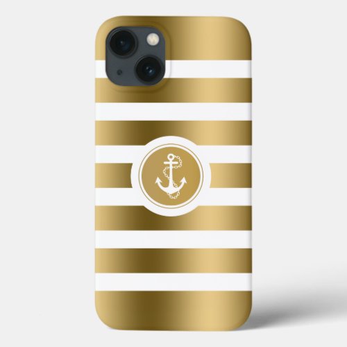 Monogramed Gold  White Stripes Nautical Anchor iPhone 13 Case