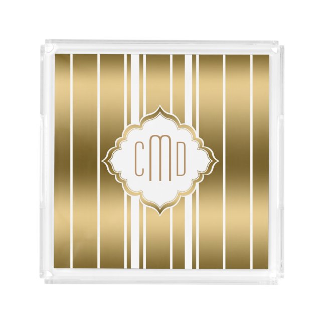Monogramed Gold & White Stripes Pattern Acrylic Tray (Front)