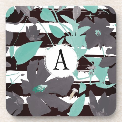 Monogramed Gray Teal Floral Stripe Beverage Coaster