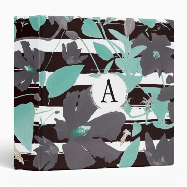 Monogramed Gray Teal Floral Stripe Design 3 Ring Binder (Front/Spine)