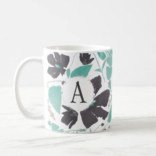 Monogramed Gray Teal Floral Stripe Pattern Coffee Mug