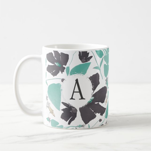 Monogramed Gray Teal Floral Stripe Pattern Coffee Mug (Left)