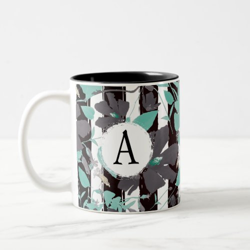 Monogramed Gray Teal Floral Stripe Pattern Two_Tone Coffee Mug