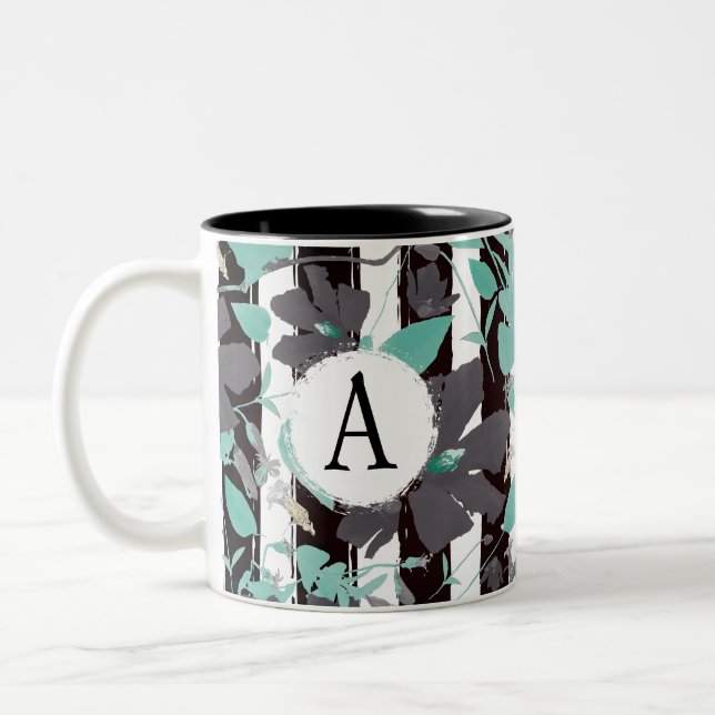 Monogramed Gray Teal Floral Stripe Pattern Two-Tone Coffee Mug (Left)