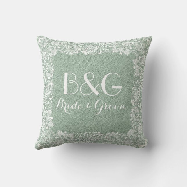 Monogramed Green Linen And White Lace Frame Throw Pillow (Back)