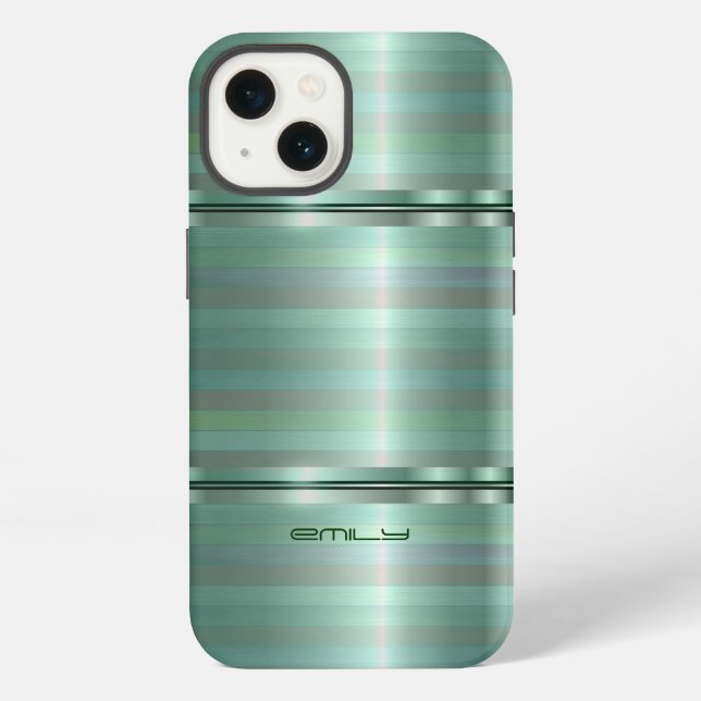 Monogramed Green Metallic Stripes Pattern iPhone C Case (Back)