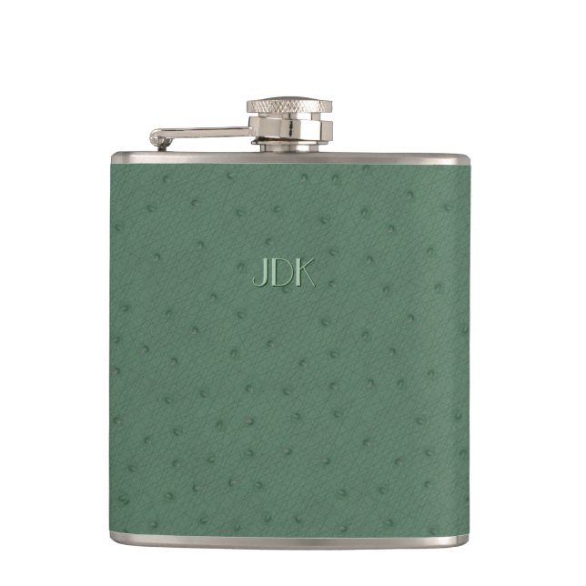 Monogramed Green Ostrich Leather Look Flask (Front)
