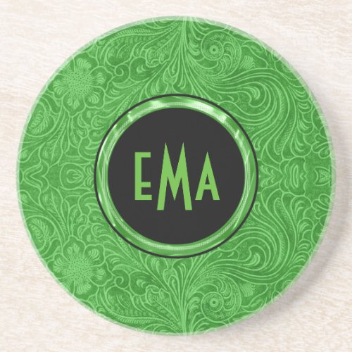 Monogramed Green Suede Leather Look Floral Design Sandstone Coaster