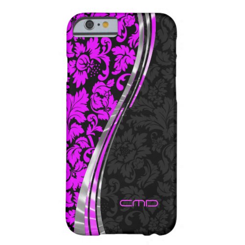 Monogramed Hot Pink  Black Damasks Silver Accents Barely There iPhone 6 Case