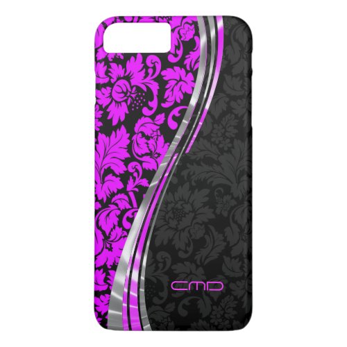 Monogramed Hot Pink  Black Damasks Silver Accents iPhone 8 Plus7 Plus Case