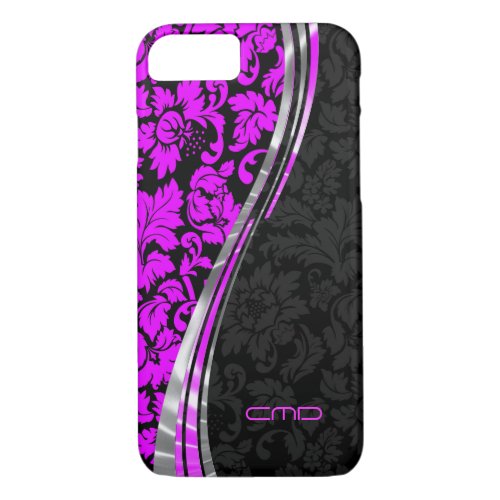 Monogramed Hot Pink  Black Damasks Silver Accents iPhone 87 Case