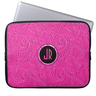 Monogramed Hot Pink Embossed Floral Damasks Laptop Sleeve