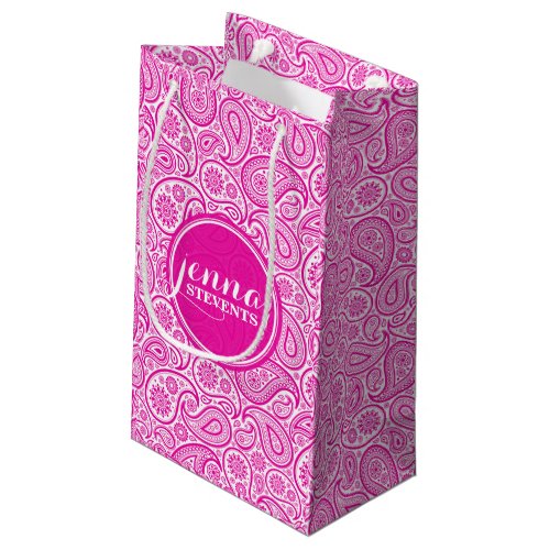 Monogramed Hot Pink  White Vintage Paisley Small Gift Bag