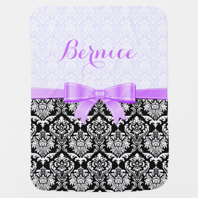 Monogramed Lavender Ribbon Black& White Damasks 1 Receiving Blanket (Front)