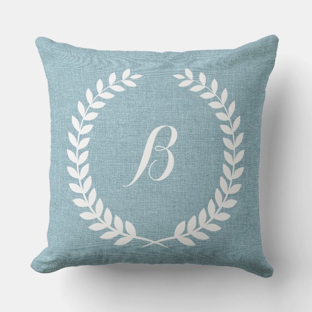 Monogramed Light Blue Linen And White Wreath Throw Pillow (Front)