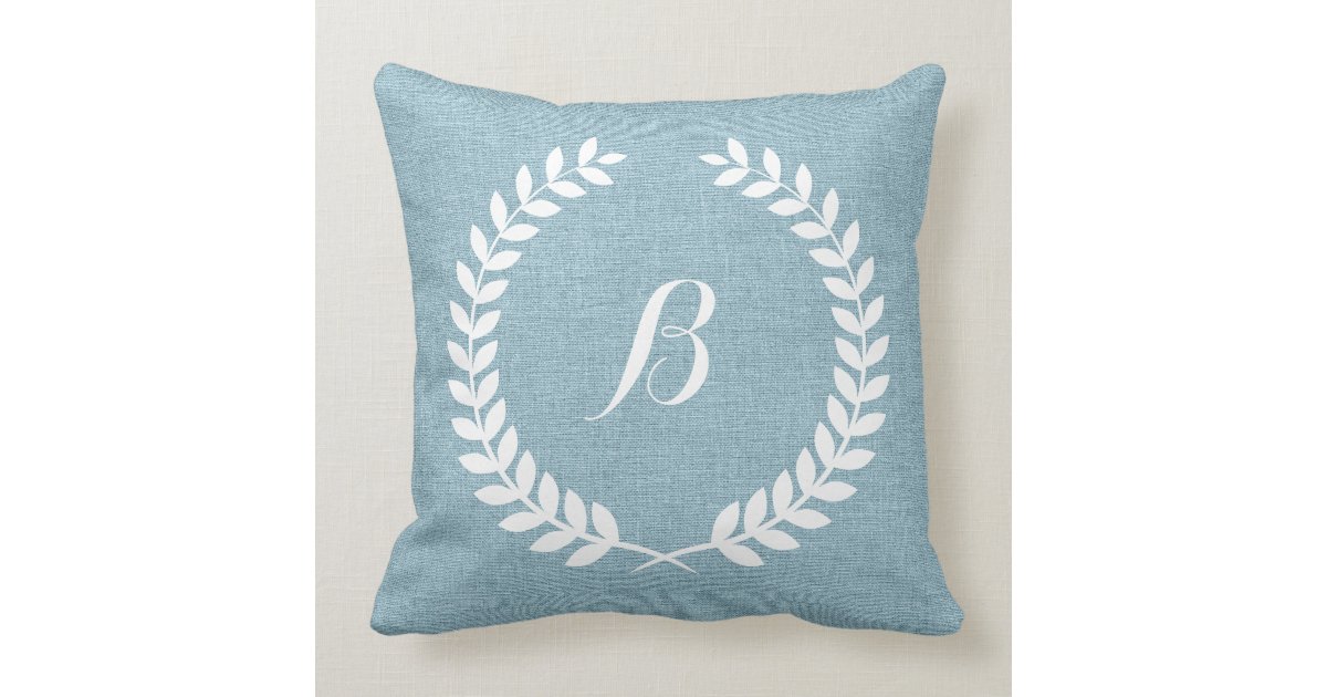 Monogramed Light Blue Linen And White Wreath Throw Pillow Zazzle