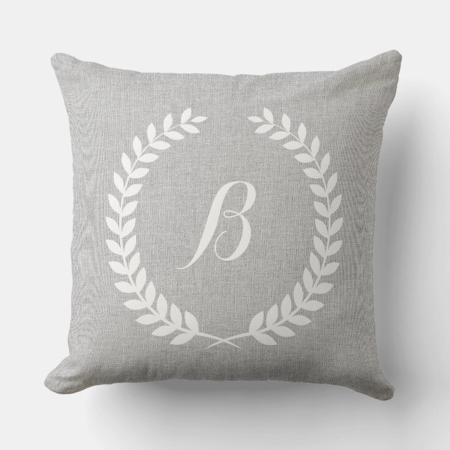 Monogramed Light Gray Linen & White Floral Wreath Throw Pillow (Front)