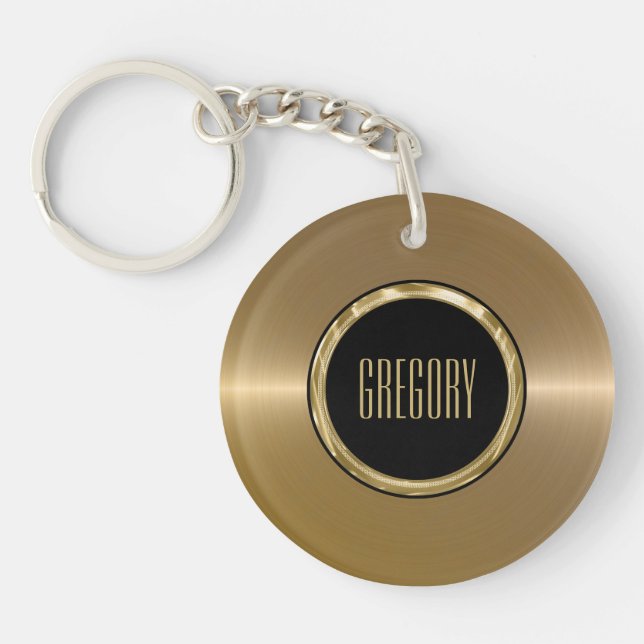 Monogramed Metallic Gold Stainless Steel Look 2 Keychain (Front)