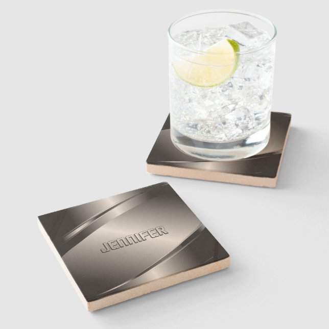 Monogramed Metallic Gray Stainless Steel Look Stone Coaster (Side)