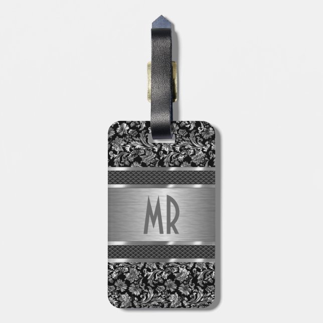 Monogramed Metallic Silver Brushed Aluminum Look Luggage Tag (Back Vertical)