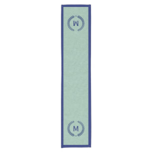 Monogramed Mint-Green Faux Linen & Blue Wreath Short Table Runner