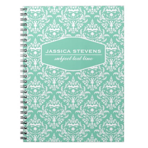 Monogramed Mint  White Floral Damasks 2 Notebook