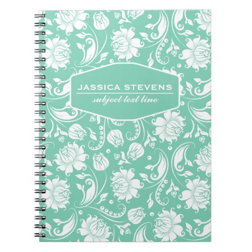 Monogramed Mint  White Floral Damasks 3 Notebook