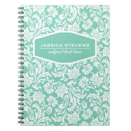 Monogramed Mint  White Floral Damasks Notebook