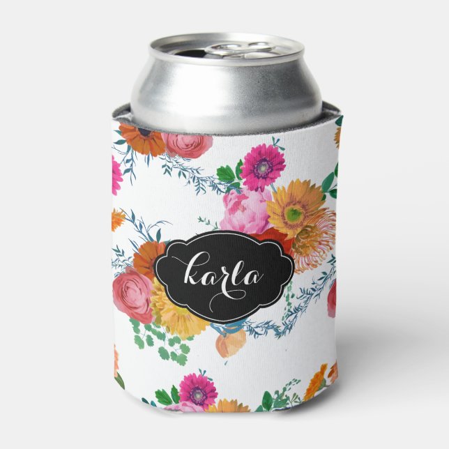 Monogramed Modern Colorful Spring Flowers Can Cooler (Can Front)