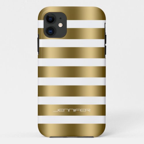 Monogramed Modern Gold Stripes White Background iPhone 11 Case
