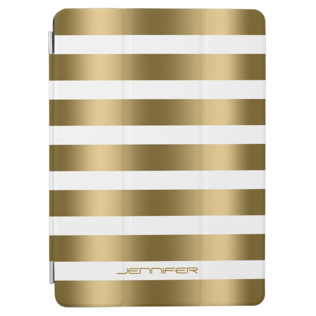 Monogramed Modern Gold Stripes White Background iPad Air Cover (Front)